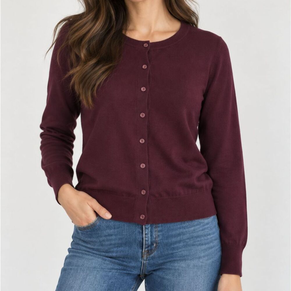 Talbots Pima Cotton Cardigan M Burgundy Plum Button Front Stretch Classic Preppy - Picture 2 of 9